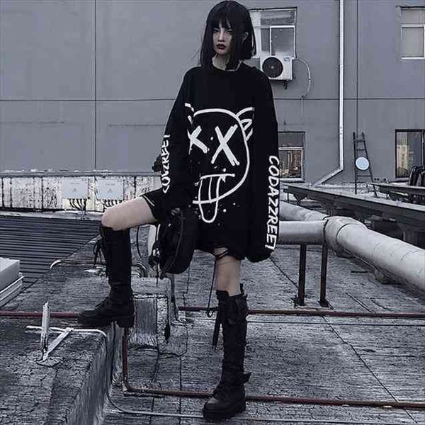 

women hoodies graffiti face round neck dark loose hip hop autumn and winter harajuku aesthetic gothic sweatshirt, Black