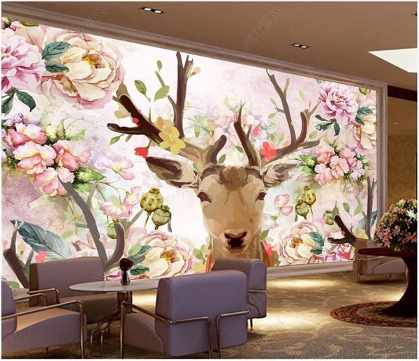 Papel de parede personalizado Foto 3d Ginásio Murais Papel de Parede Modern Deer cabeça branca peônia mão pintada flores papel de parede fundo papel de parede decoração