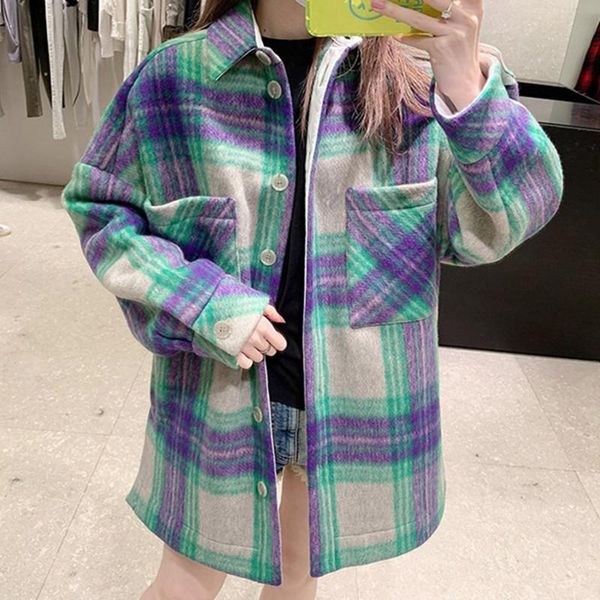 

women's wool & blends plaid coat womens side slit blend single breasted autumn and winter 2021 female jacket, Black
