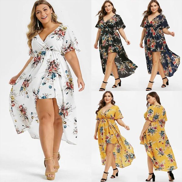 

fashion irregular plus size summer womens dresses short sleeve maxi ladies oversize casual high waist floral vestidos, Black;gray