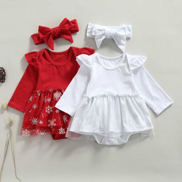 Kleidungssets Neugeborenes 2-teiliges Baby-Mädchen-Weihnachtsoutfit mit Schneeflocken-Mesh-Spleiß-Strampler und Haarband für Kleinkinder-Mädchen-Kleidungssets