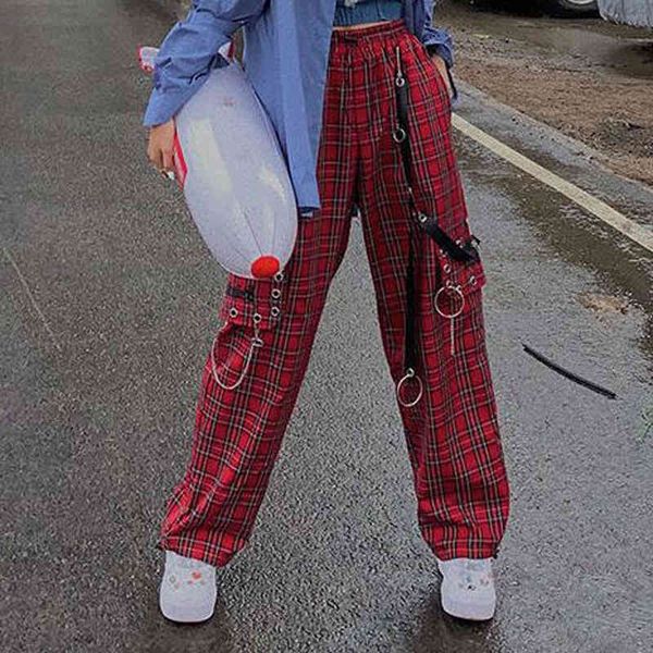 

women's pants & capris female red punk plaid pants, oversized waistband chain of command for women. e4i1, Black;white