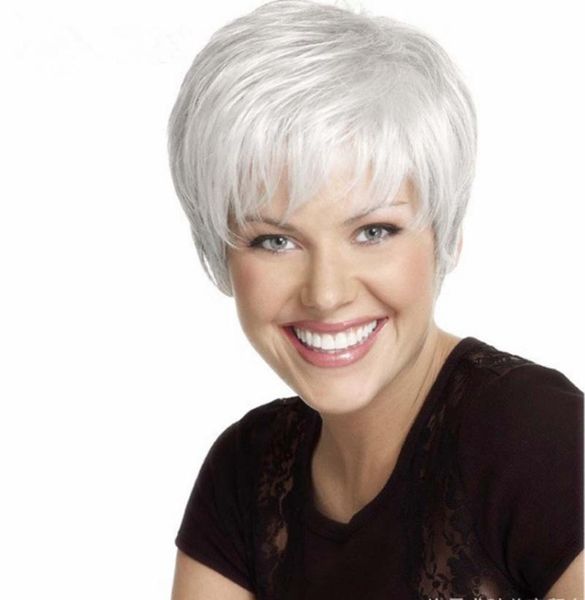 

synthetic wigs short white pixie cut wig with bangs straight hair for women natural afro high temperature umot, Black