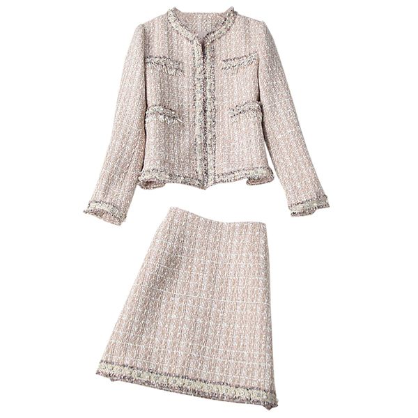 

women's two piece dress o neck long sleeves cardigan with a line short skirt fashion twinsets sets, White