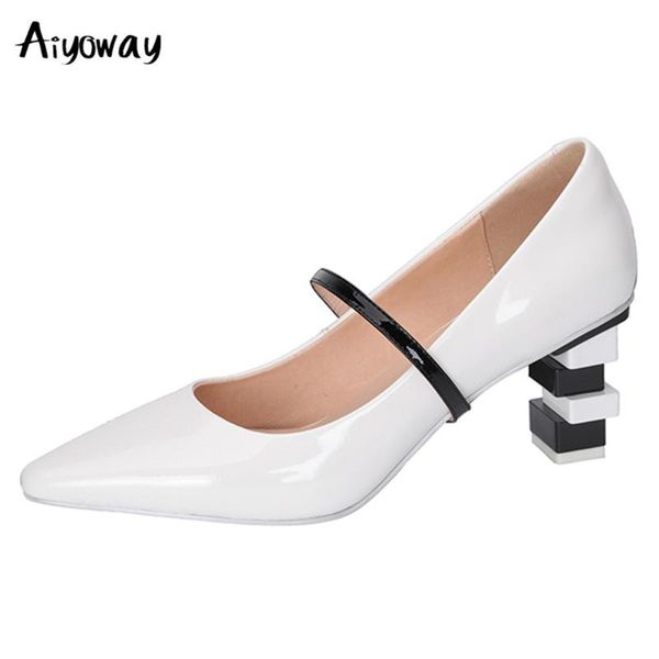 

dress shoes aiyoway attractive genuine leather pumps bride party strange style square high heel pointed toe shallow big size, Black
