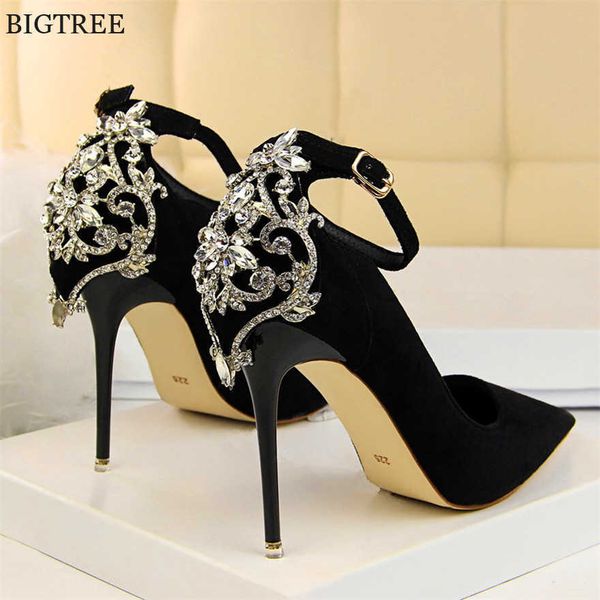 

luxury back heel crystal women pumps brand high heels ankle strap shoes woman diamond pointed ladies bridal wedding shoe banquet y0721, Black