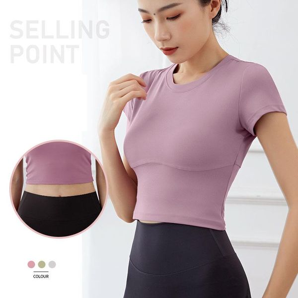 

short sleeve running shirts women exposed navel yoga t-shirt quick dry fitness gym crop solid sport shirts 2021 summer, White;red