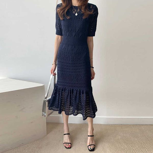 

ruffled hollow ice silk knitted dress, two-piece slim body bag, hip waist skirt 210603, Black;gray
