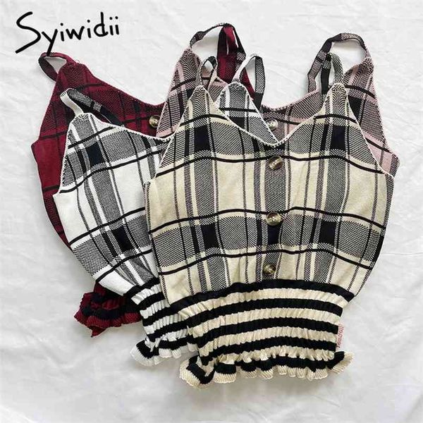

crop for women halter clothes cami plaid short knitted spaghetti strap tank backless ruffles t shirts 210607, White
