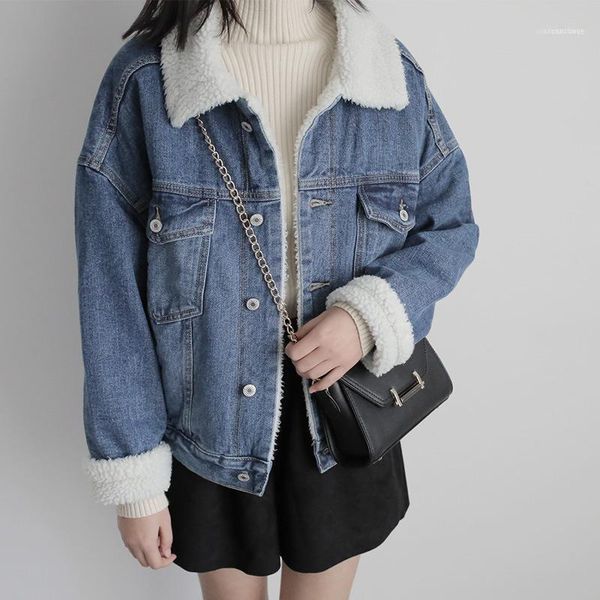 

women's jackets winter fur denim jacket women bomber long sleeve washed blue jeans coat with warm lining front button flap pockets1, Black;brown