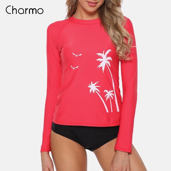 

one-piece suits charmo women long sleeve rashguard shirt swimsuit shirts upf50+ coconut tree swimwear uv-protection rash guard surfing