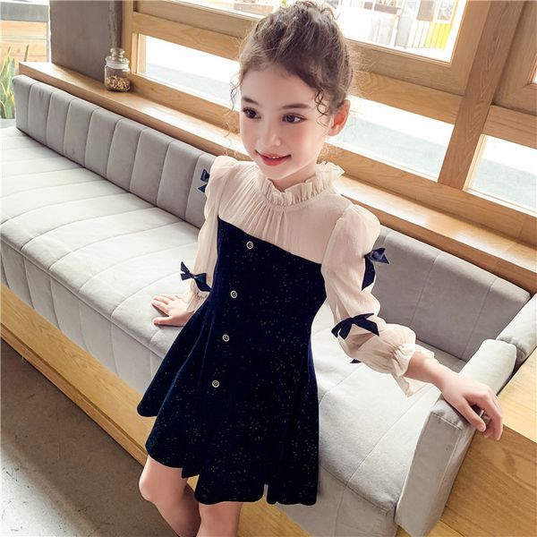 Abito da festa blu navy per ragazze Autunno Bowknot Manica lunga Abbigliamento per bambini Abiti classici per bambini per ragazze 4 5 7 9 11 13 anni 210303