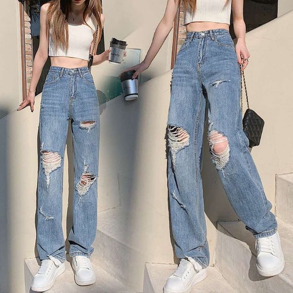 

autumn high waist temperament wide leg street pants style, Blue