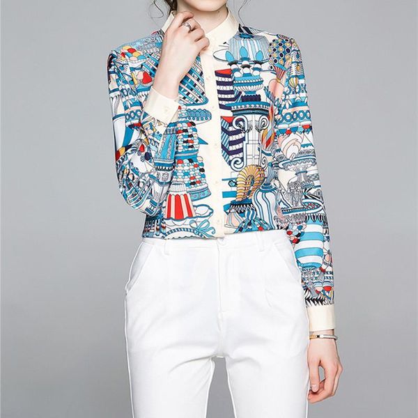 

women's blouses & shirts nrj-6f-611-1-3227 2021 autumn women round neck single breasted shirt graffiti print fashion, White