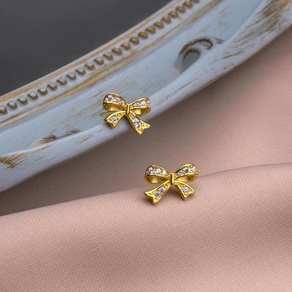 

stud s925 sterling silver big bow full diamond temperament earrings sweet zircon personalized, Golden;silver