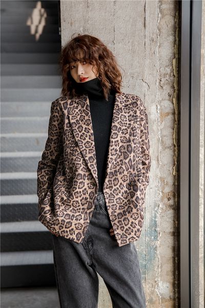 

2021 new leopard print double breasted brown ladies blazers coats and jackets women fashion autumn blazer 3m5b, White;black