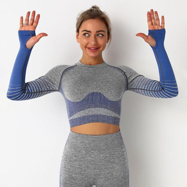 

yoga outfit explosive gradient sports tights, quick-drying training, running, yoga, navel, seamless long sleeves for women nepoagym
