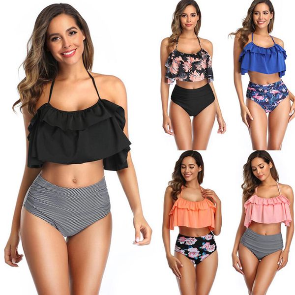 

bikini hanging neck floral printing swimsuit 2021 summer new two piece swimwear bikini woman seperate swimsuit, White;black