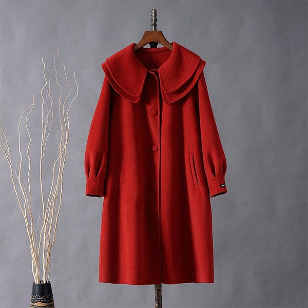 

2021 new autumn and winter double faced wool coat women's middle and long korean slim small tweed coat, Black