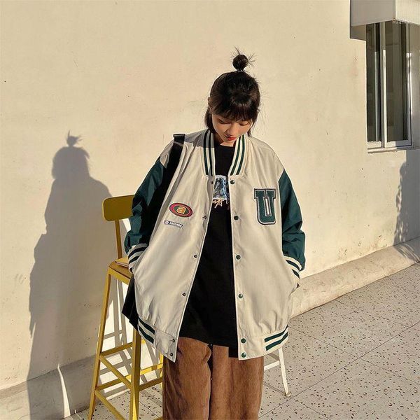 

women's jackets spring baseball uniform women autumn jacket 2021 oversize retro hong kong style loose warp coat hip hop streetwear, Black;brown