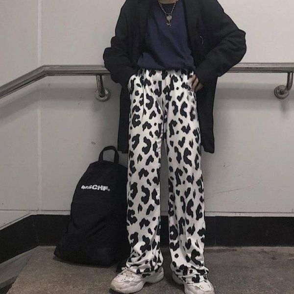 

women's pants & capris 2021 summer cow print elastic waist casual wide-leg  trousers fashion womens streetwear flare sweatpants, Black;white