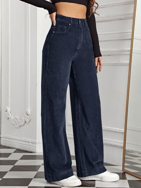 

high waist slant pocket cord pants x8n8#, Black;white
