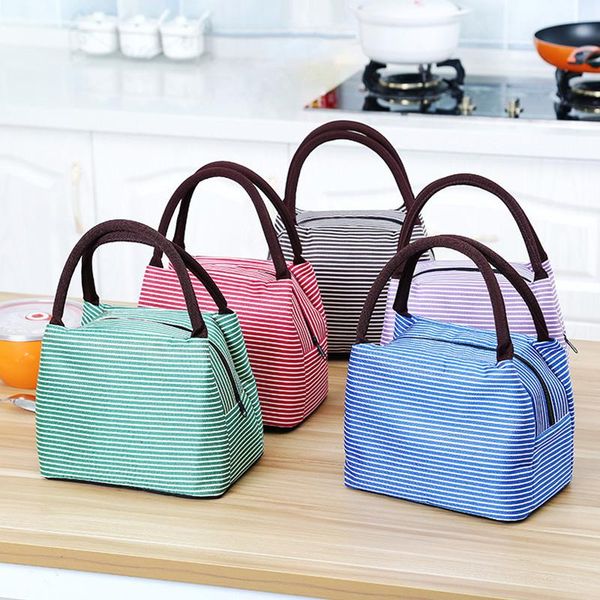 

new striped lunch box portable insulated canvas for women kids thick aluminum foil insulation bag portable lunch box bag picnic