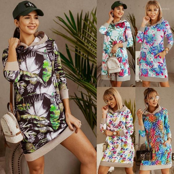 

casual dresses women's fashion sweater dress autumn and winter loose long sleeve hooded printed 21-1269, Black;gray