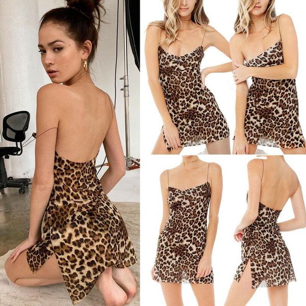 

casual dresses women fashion leopard printed spaghetti strap short dress lady summer backless sling mini girls clubwear sleepwear, Black;gray