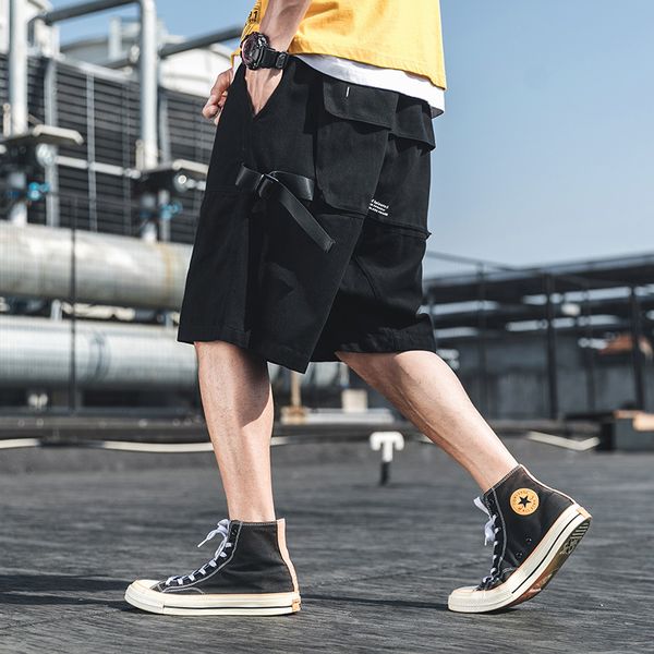 

new multi-pocket stylish mens cargo short-pants hip hop summer male elastic waist casual shorts loose ribbon streetwear ovresize c0222, White;black