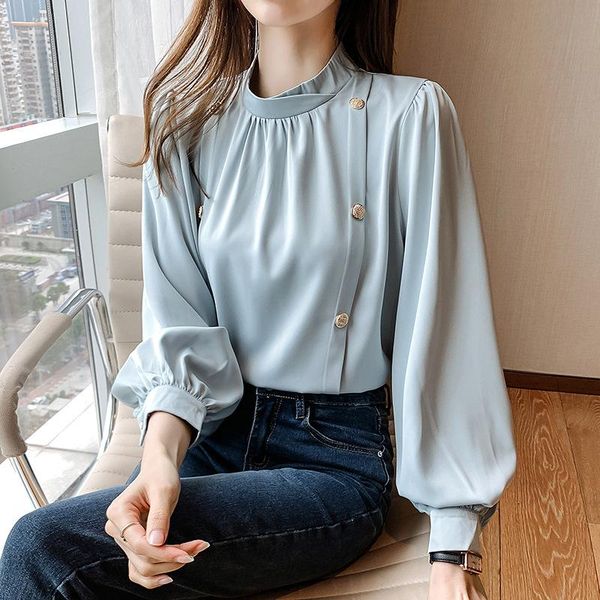 

women's blouses & shirts half high collar lantern sleeve pleated for women 2021 ol office business design loose woman elegant fashion, White