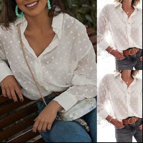 

women autumn blouses polka dot shirts office lady loose long sleeve turn down collar shirts fashion women buttons blouses, White