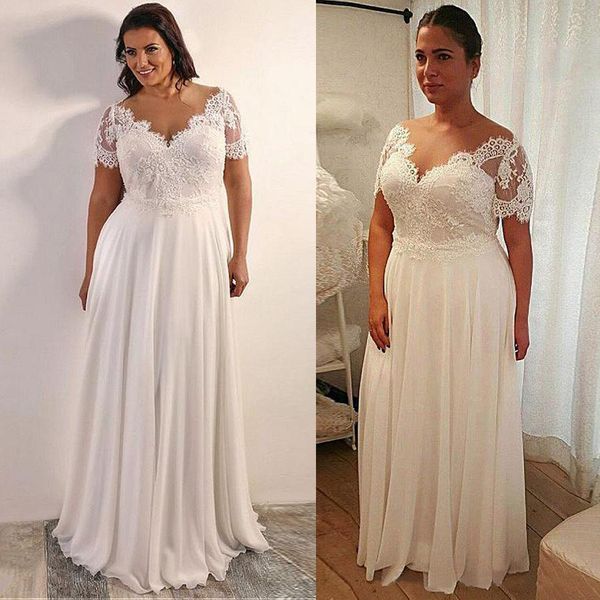 

plus size chiffon wedding dresses 2021 sheer neck lace short sleeves appliques custom beach bridal gowns bride dress vestidos de novia, White