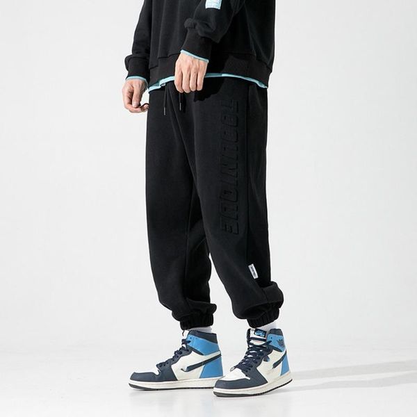 

men's pants autumn and winter cotton men fleece solid elastic waist streetwear baggy trousers casual trendy wild, Black