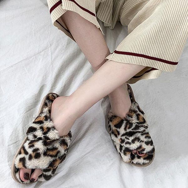 

slippers womens plush slipper home leopard pattern indoor anti-slip warm, Black