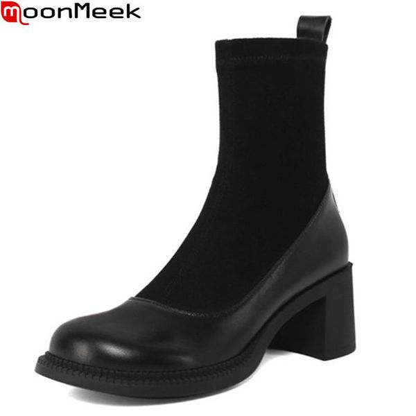 

boots moonmeek 2021 arrival women brand genuine leather fashion square toe high heels winter ankle black