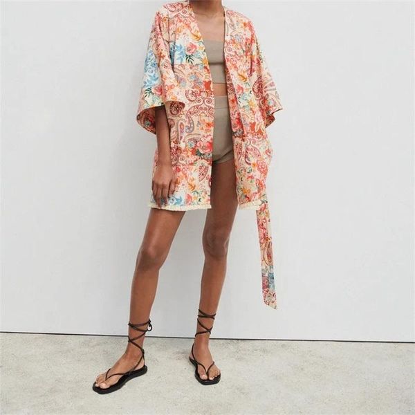 

women's blouses & shirts mesttraf women 2021 fashion with belt patchwork printed kimono vintage wide sleeve frayed hem female, White