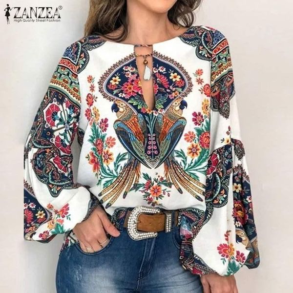 

women's blouses & shirts spring bohemian print shirt lace-up tassel party tunic women casual o neck lantern sleeve blouse f, White