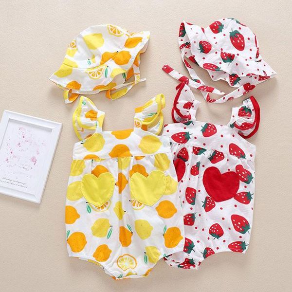

clothing sets 2021 baby summer cute born infant girl clothes fruit print jumpsuit bodysuitsunsuit hat 2pcs bodysuit set, White