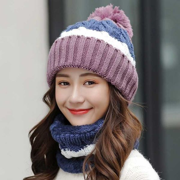 

new brand winter hats women thick knit warm beanies hat bib female windproof cycling wool stitching knitting hedging caps sets 2 y201024, Blue;gray