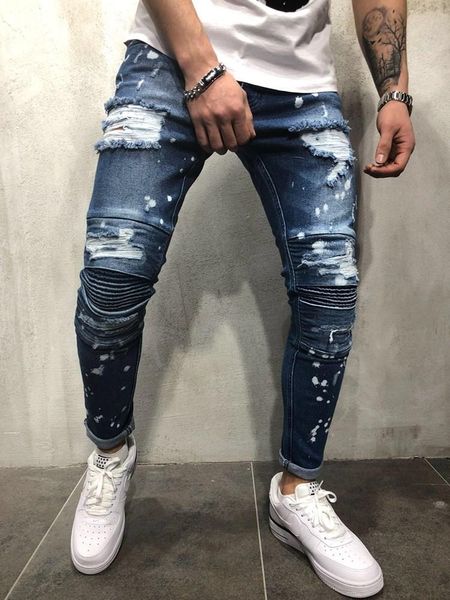 

men's jeans springtime painted skinny slim fit straight ripped distressed pleated knee patch denim pants stretch jogging pencil, Blue