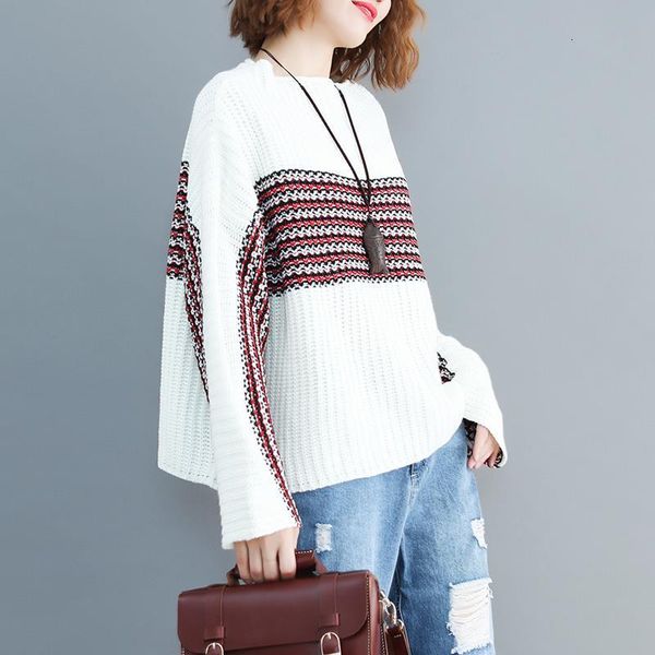 

women's sweaters large size spring and autumn new fat mm belly coat loose contrast stripe bottoming sweater slim bf84, White;black