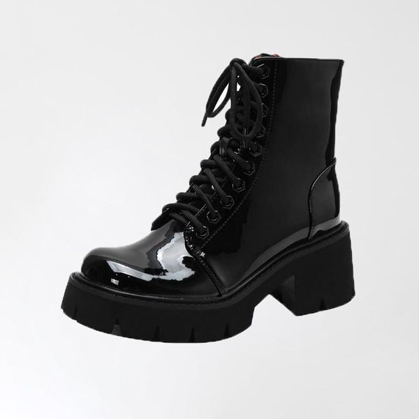 

boots 2021 fashion patent leather women thick sole lace up motorcycle autumn winter platform shoes for, Black