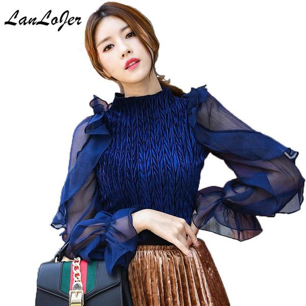 

women's blouses & shirts woman net yarn shirt ruffles transparent chiffon bottoming long-sleeved velvet stitching ruffle folds 2021, White