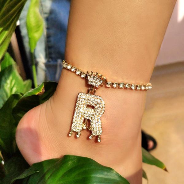 

anklets punk hip hop crystal crown bubble letter pendant anklet for women bling rhinestone tennis chain foot leg fashion jewelry, Red;blue