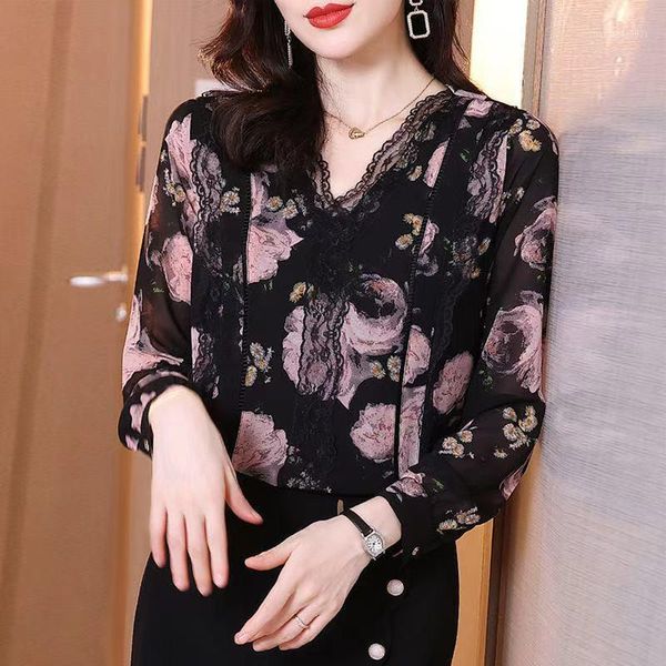 

women's blouses & shirts blouse women shirt v-neck chiffon 2021 spring high-end lace long-sleeved blusas mujer de moda, White