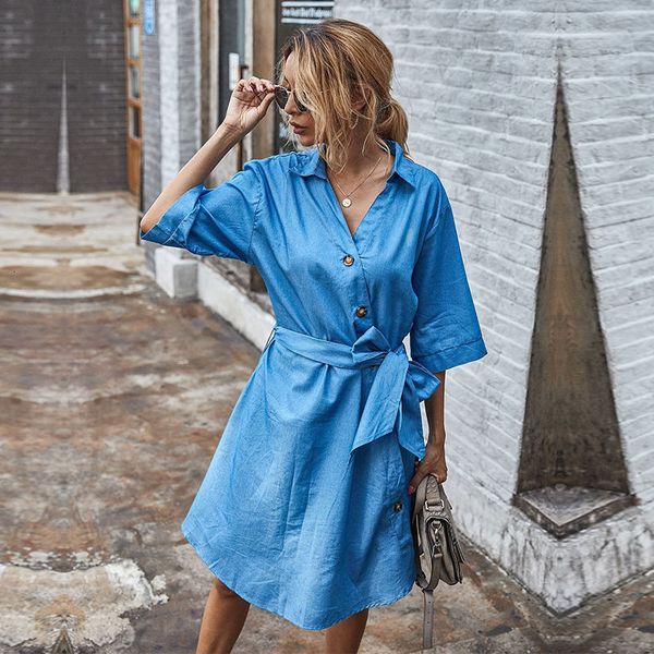 

2021 autumn winter denim bandage casual button turn down collar half sleeve solid dres for women new rohs, Black;gray
