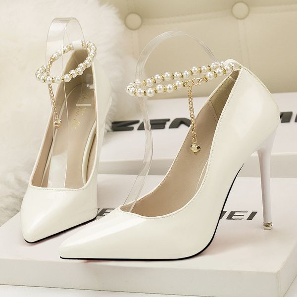 

740-2 korean style fashionable elegant womens shoes stiletto heel shallow mouth pointed pearl rhinestone ankle-strap shoes, Black