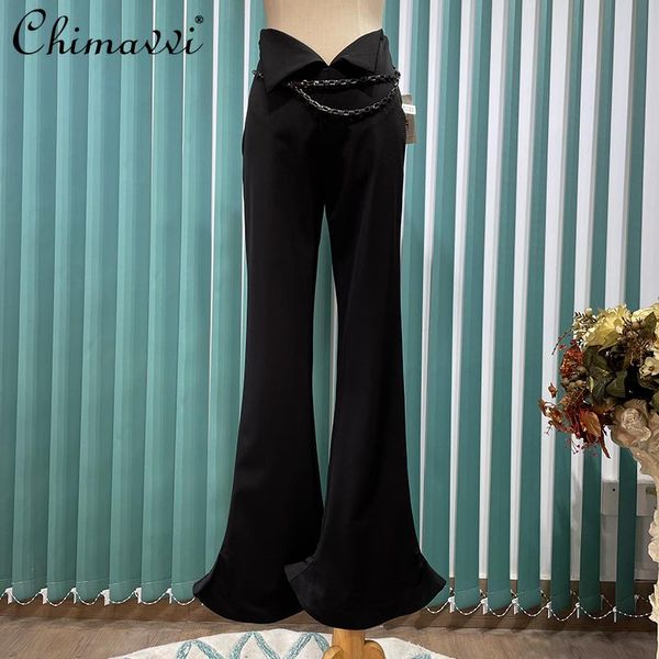 

women's pants & capris 2021 summer trousers feminine french style temperament horseshoe with metal chain decorative casual for women, Black;white