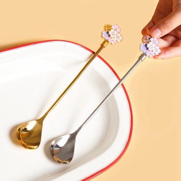 

spoons stainless steel dessert spoon coffee mixing scoop cherry blossom long handle cake ice cream household kitchen tableware